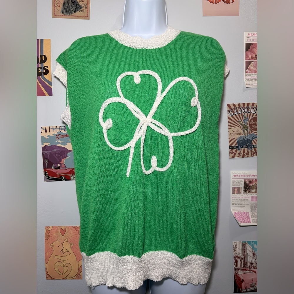 Chic Green Clover Sweater with White Accents